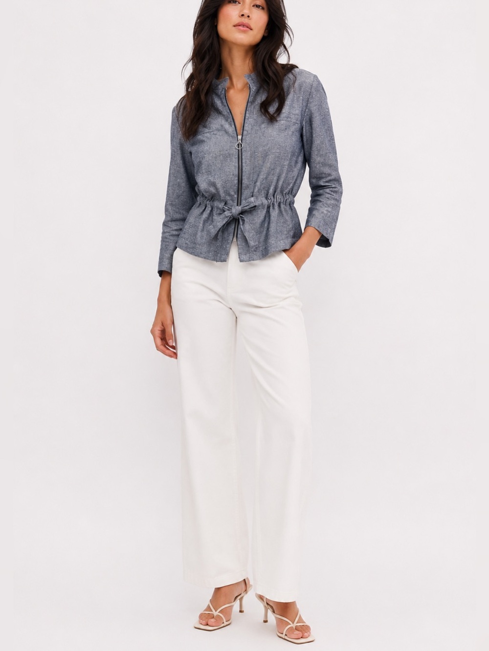 APT 9 Chambray Zip Jacket Lightweight Tie Waist Size Petite Large